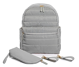 Bebemsi Puff Deri - Kumaş Anne Bebek Bakım Sırt Çantası ( Gri )