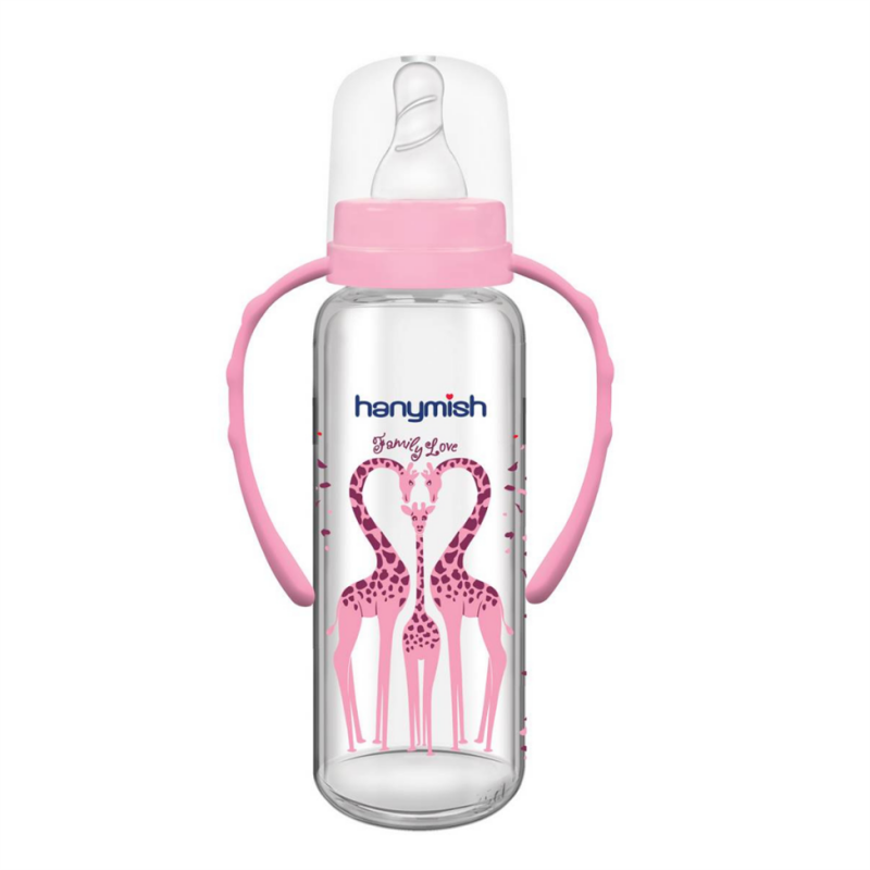 HANYMISH CAM KULPLU BİBERON 240 ML ( PEMBE ) 0-6 AY