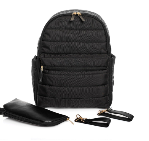 Bebemsi Puff Deri - Kumaş Anne Bebek Bakım Sırt Çantası ( Siyah )