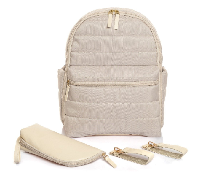 Bebemsi Puff Deri - Kumaş Anne Bebek Bakım Sırt Çantası ( Krem )